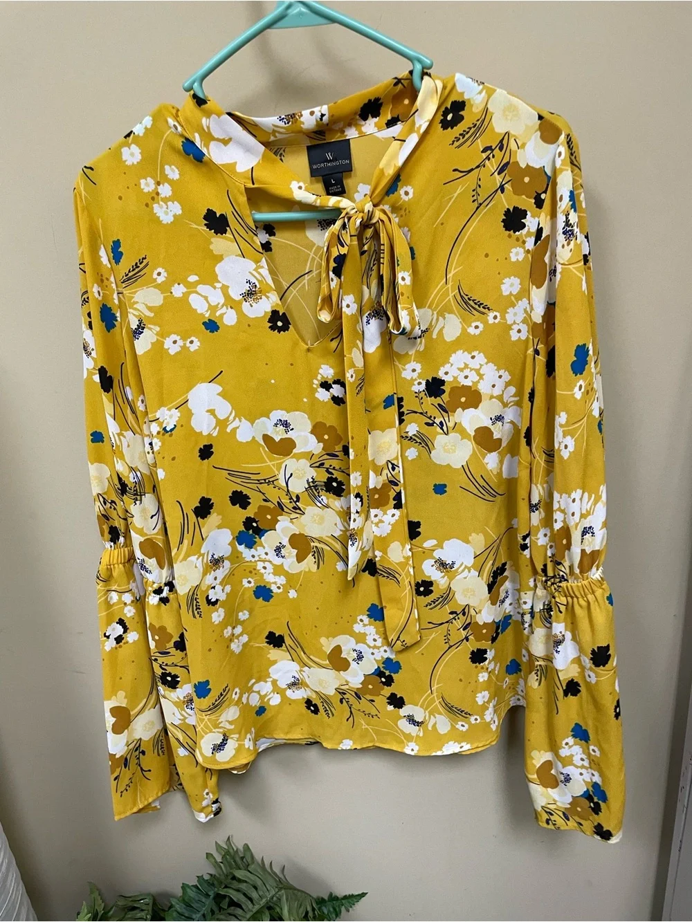 Worthington Yellow Floral Tie-Neck Blouse - Picture 3 of 4